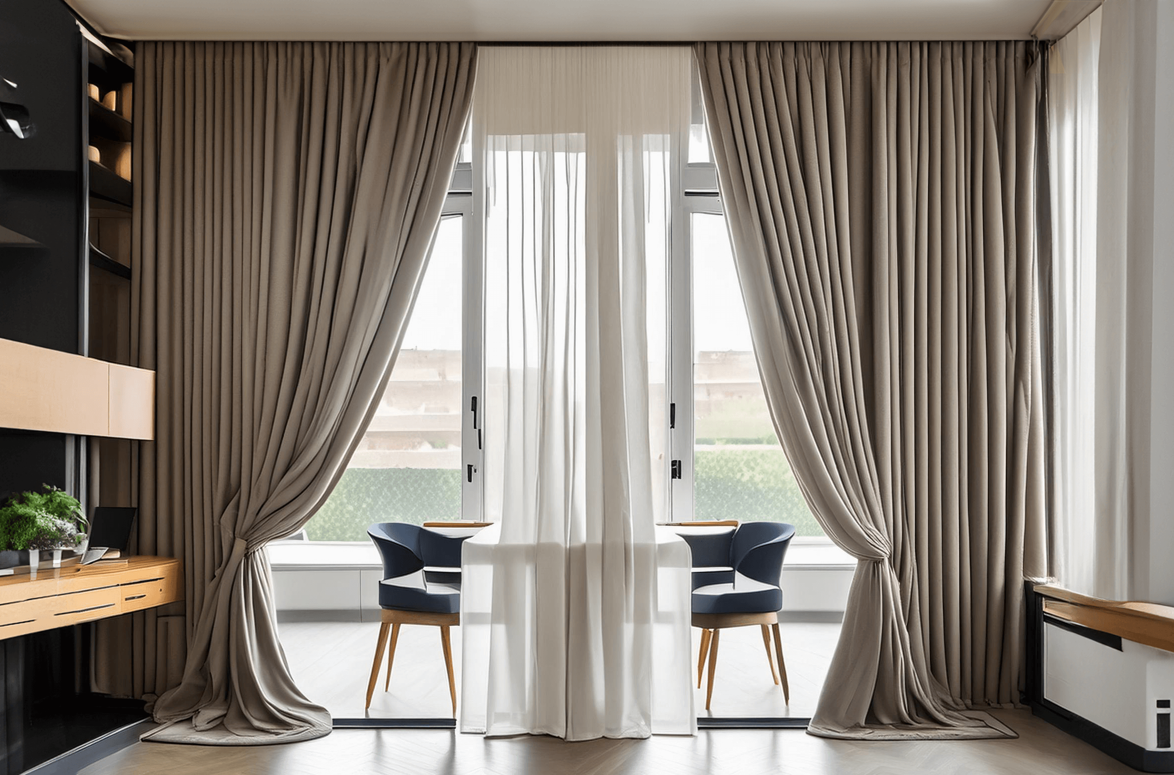 Beautiful brown curtain on a window with green garden view